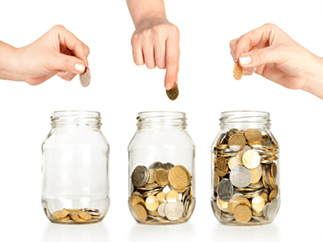 Photo of three jars, showing hands dropping coins in. From left to right, the jars are: barely filled up, half-way filled up, and completely filled up - with coins.