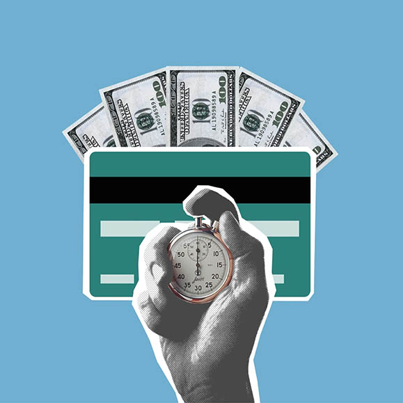 Illustration of a hand holding a stopwatch, in front of a credit card, with 5 $100 bills cascaded behind it.