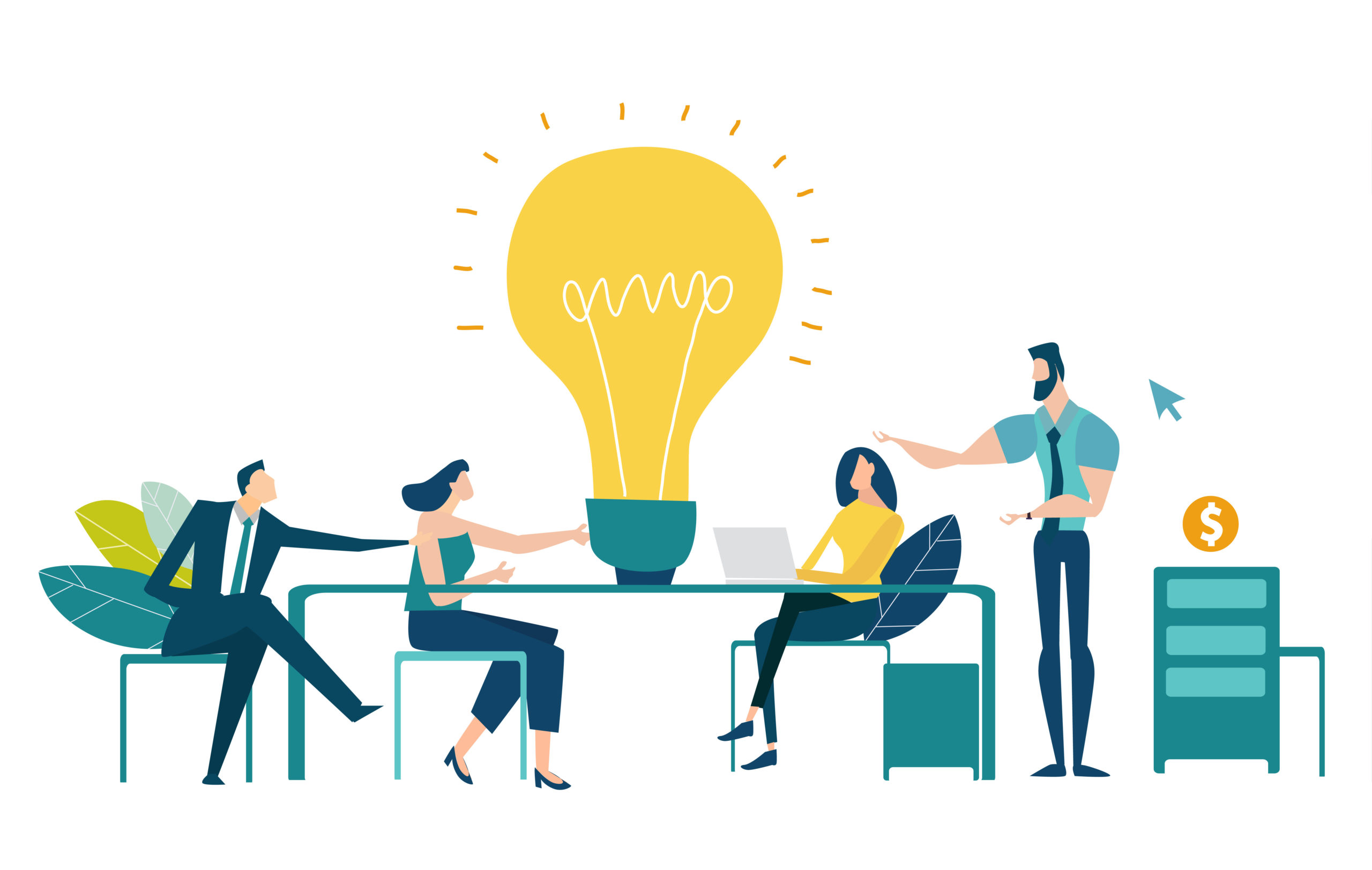 Illustration of a team of professional people talking in a meeting, with a giant light bulb in the middle, representing a shared idea.