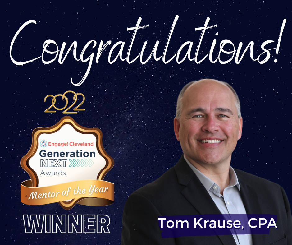 An image congratulating Tom Krause for being named mentor of the year by Engage! Cleveland